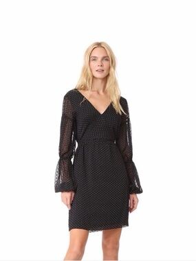 Club Monaco Black Polka Dot V-Neck Long Sleeve Dress